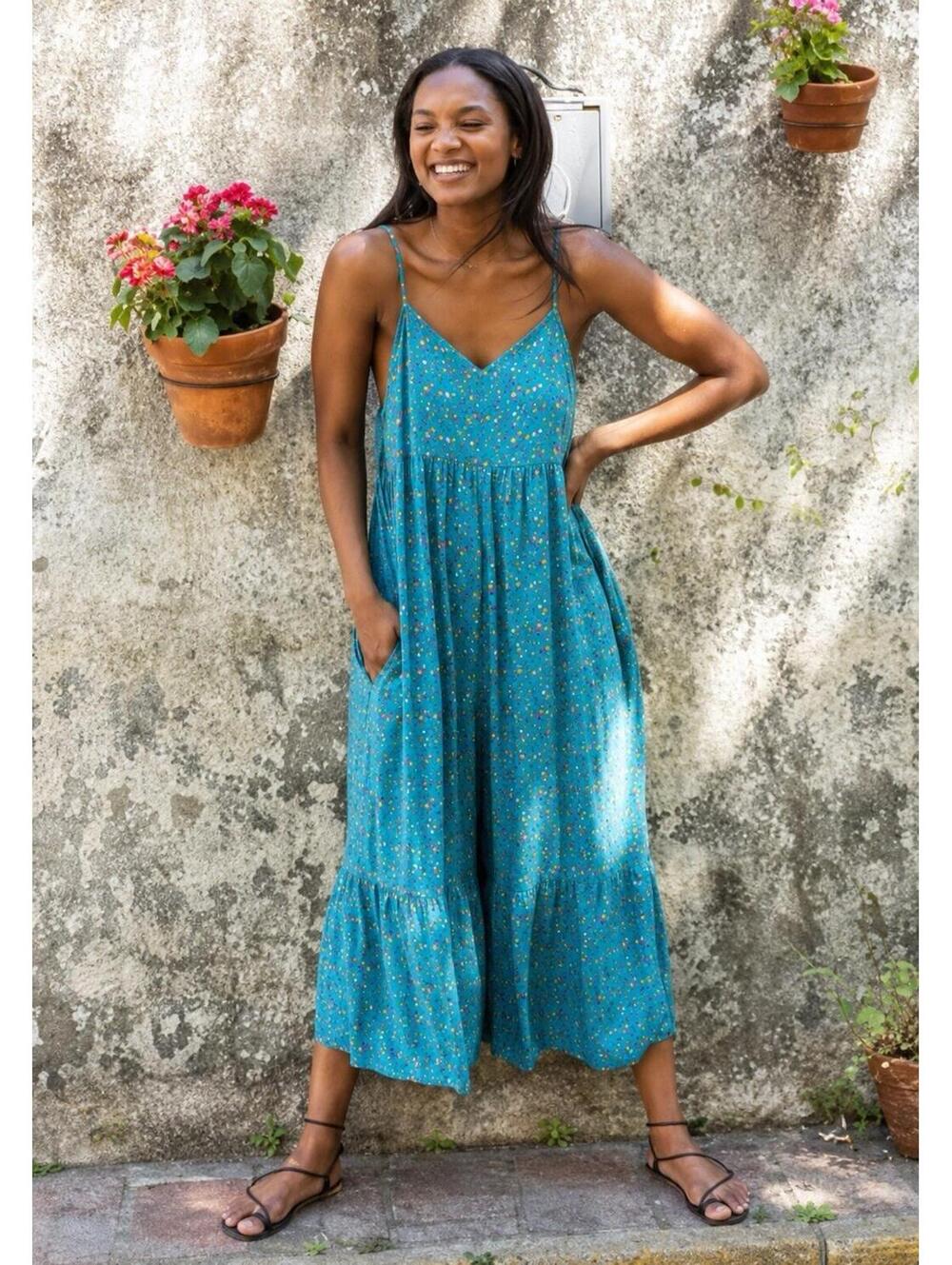 Natural Life Bailey Blue Floral Wide Leg Jumpsuit Sz Large Boho Festival Smocked